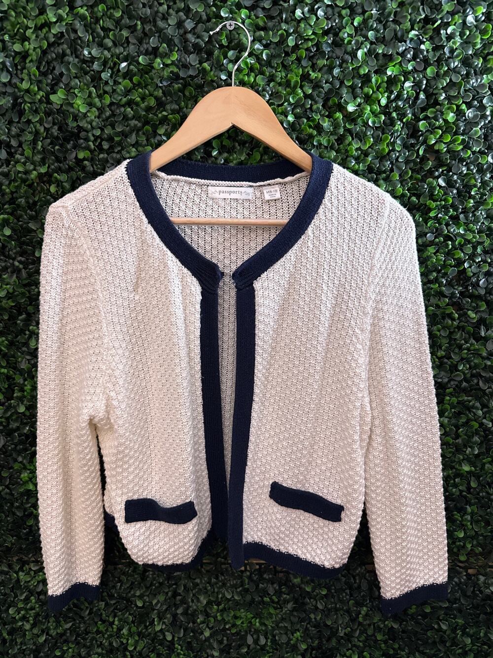 Passports, cardigan, white and blue, women’s size M